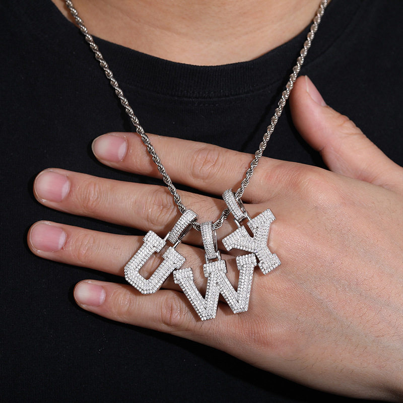 ICE BLING 26个英文字母S925纯银莫桑钻吊坠项链 情侣礼物嘻哈