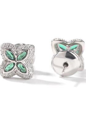 ICE BLING 绿色四叶草满钻锆石耳钉超闪原创小众时尚潮流个性夜店