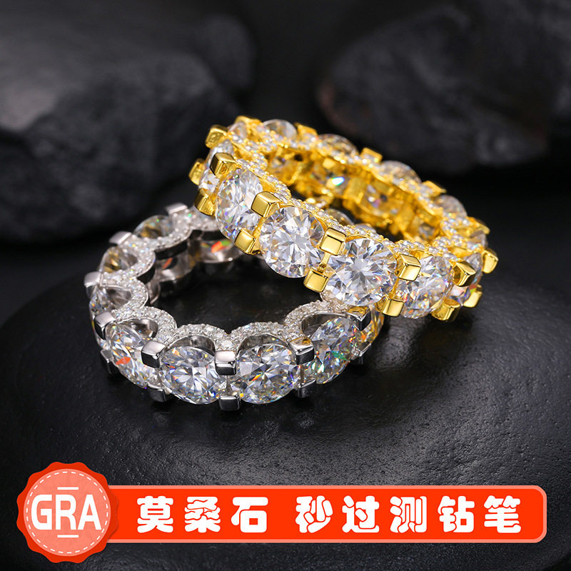 ICE BLING 2克拉8MM宽排钻莫桑石满钻戒指 宽版单排男士纯银指环