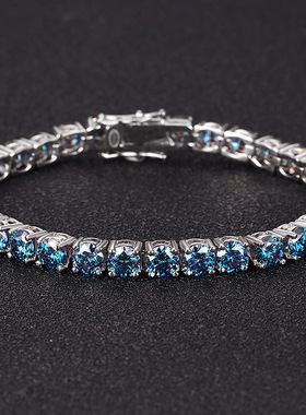 ICE BLING 宝蓝色莫桑钻排钻网球手链 超闪个性间白纯银嘻哈手链