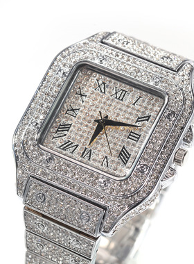 ICE BLING 嘻哈方形满钻手表 欧美个性HIPHOP指针式金手表男士