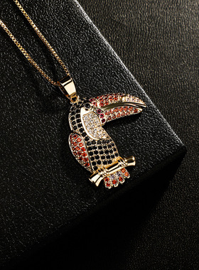 彩色锆石满钻啄木鸟吊坠项链