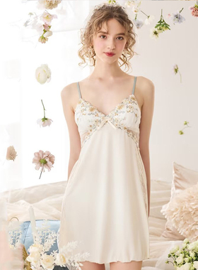 日本Risa Magli正品吊带睡裙短裙牛奶丝薄性感刺绣花带胸垫460YS