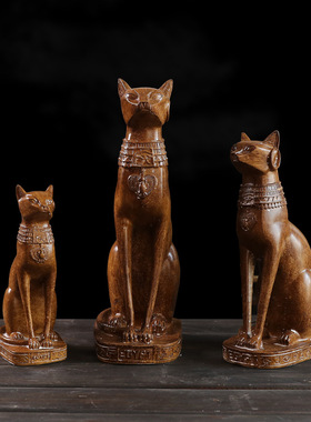 创意复古仿木色埃及猫摆件家居客厅玄关装饰品酒柜办公室树脂工艺