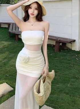 纯欲风性感白色网纱抹胸连衣裙女收腰海边度假包臀长裙子修身透视
