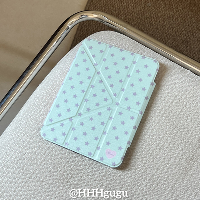 HHHgugu 韩风ins简约淡蓝色星星爱心适用ipad保护壳pro2021旋转air5卡通平板套磁吸9.7寸mini6苹果亚克力第10