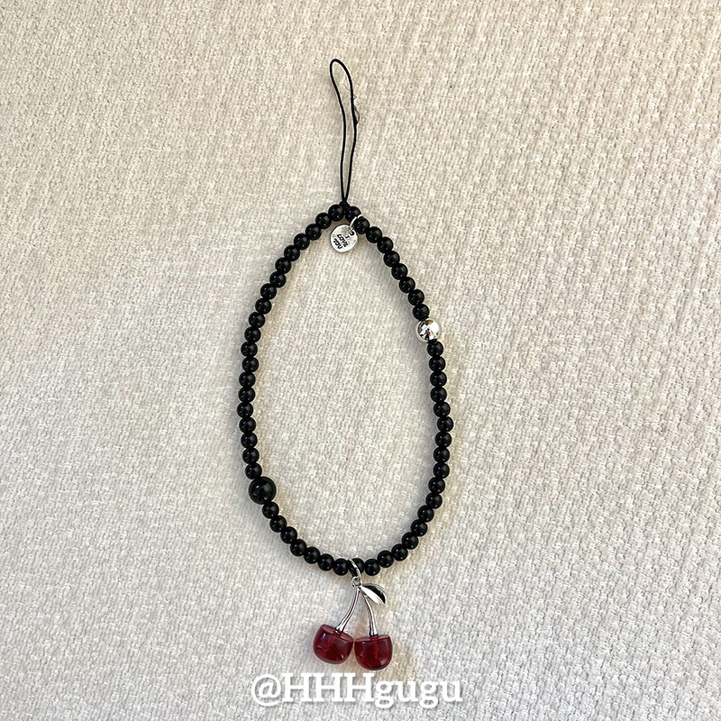 HHHgugu手机链条ins红色樱桃黑色串珠短挂绳挂链手机链钥匙扣饰品