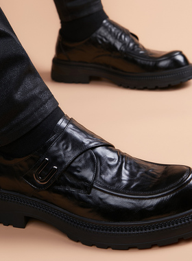 男士新款商务皮鞋真皮厚底透气增高英伦休闲头层牛皮一脚蹬孟克鞋