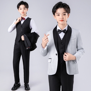 儿童西装套装男童银色亮片舞台晚会走秀主持人礼服花童钢琴演出服