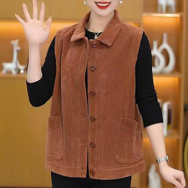 大码女春秋翻领灯芯绒马甲妈妈坎肩宽松时尚百搭条绒马夹