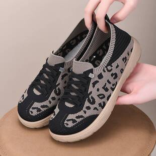 航邹豹纹德训鞋春夏季新款飞织网面单鞋软底透气休闲女鞋一脚蹬