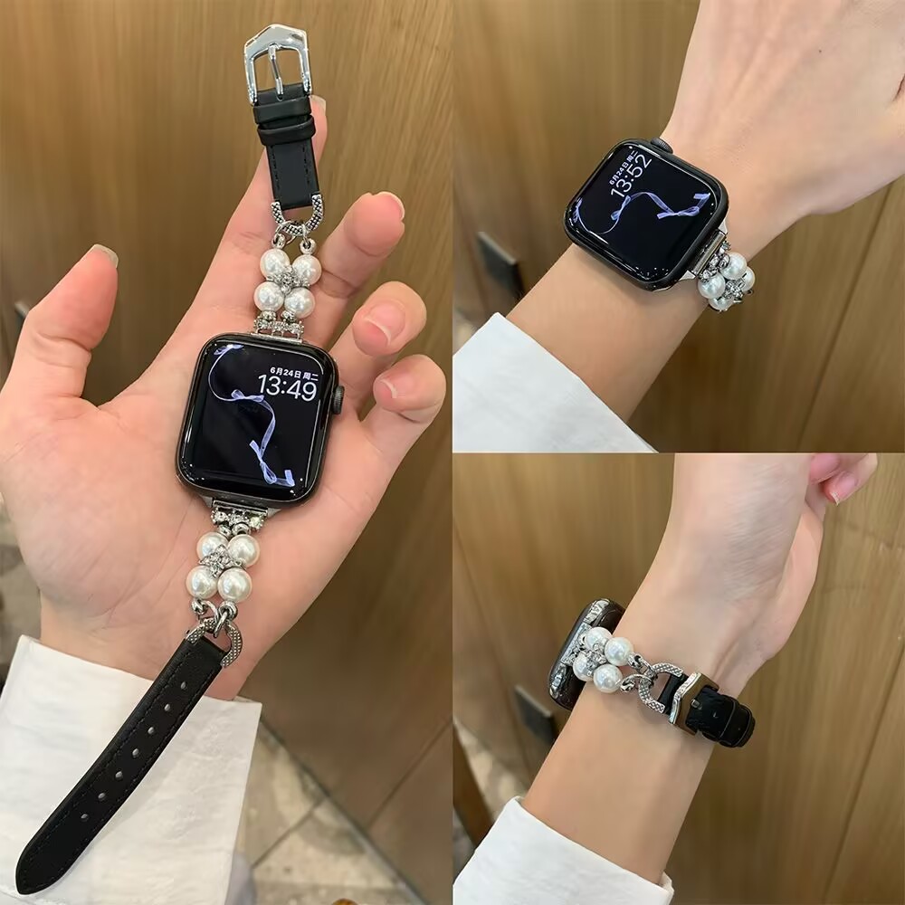 双排珍珠拼真皮表带适用华为gt5/手环10/9/8荣耀4亲选2igt3Fit4/3