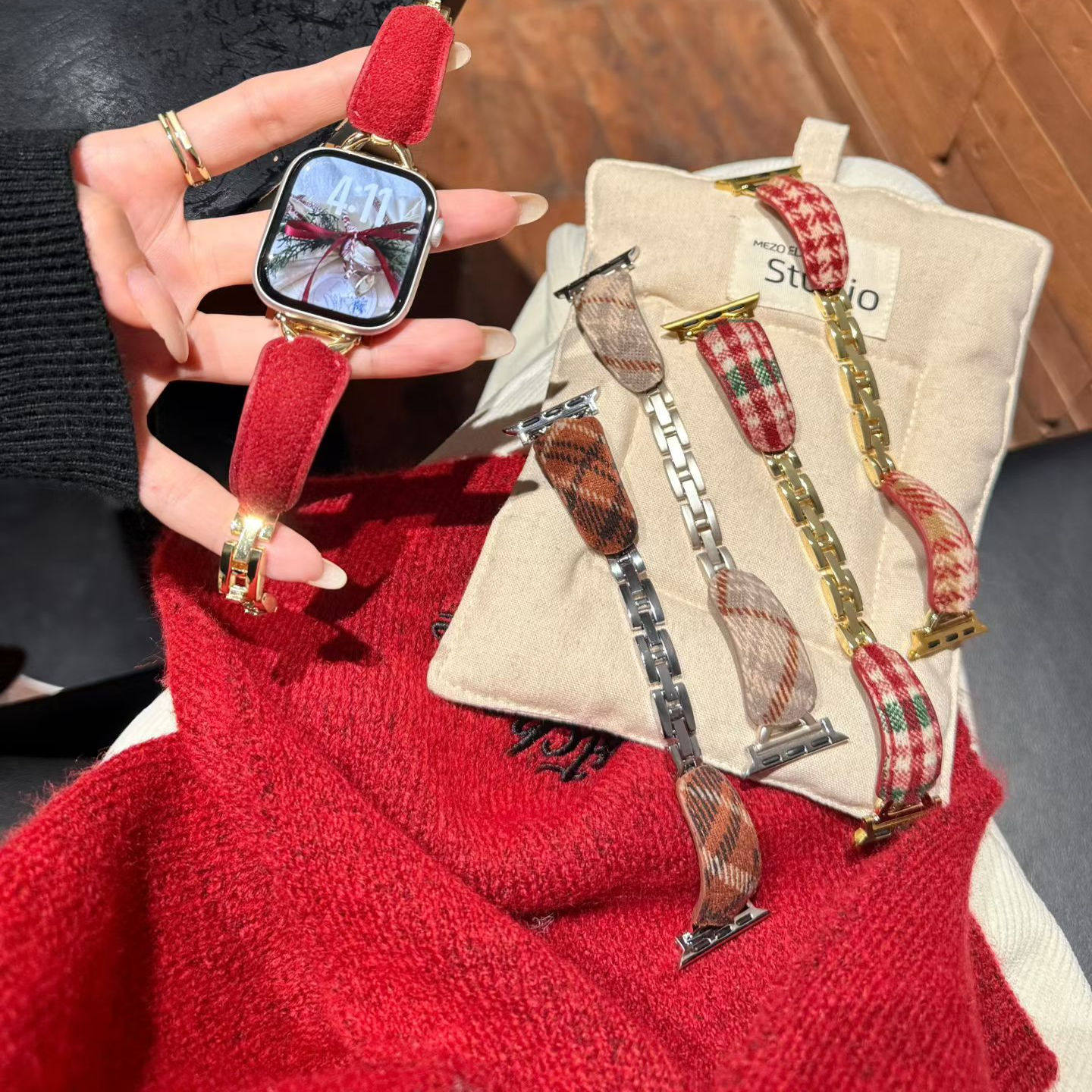 复古圣诞风表带适用华为Fit4/3毛呢格子手镯荣耀5亲选2i手表链fit