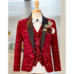 男童红色亮片西服儿童中大童亮丝西装 钢琴考级英伦主持人模特 套装