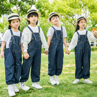 男女小学生合唱表演服幼儿园舞蹈服 儿童演出服牛仔很忙背带裤 套装