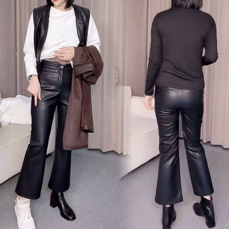 通勤风高腰PU微喇加绒皮裤女黑色百搭弹力显瘦小个子九分裤93裤长