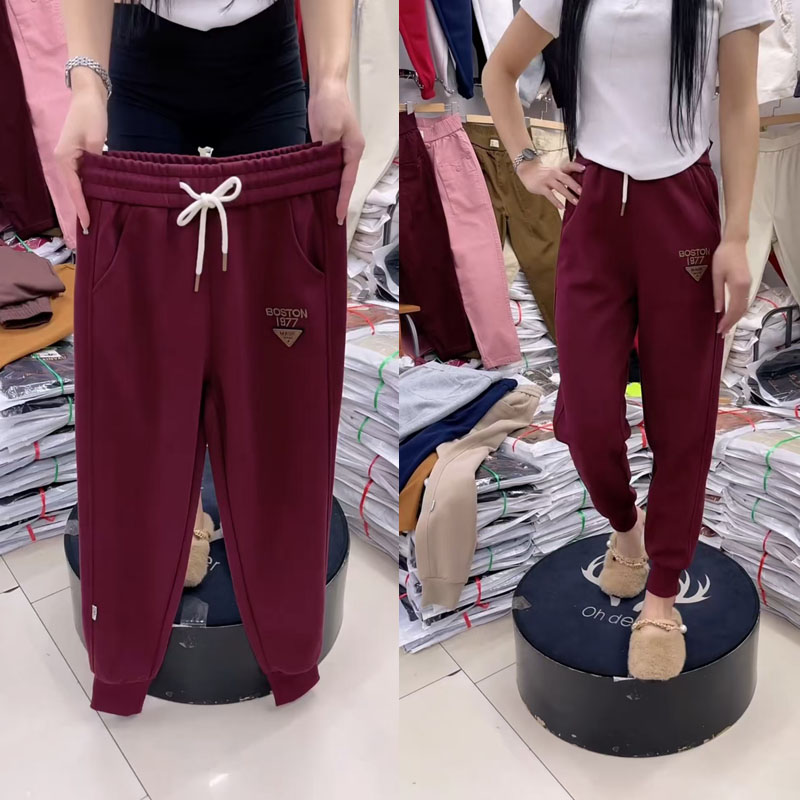 显瘦宽松红色束脚哈伦裤子百搭