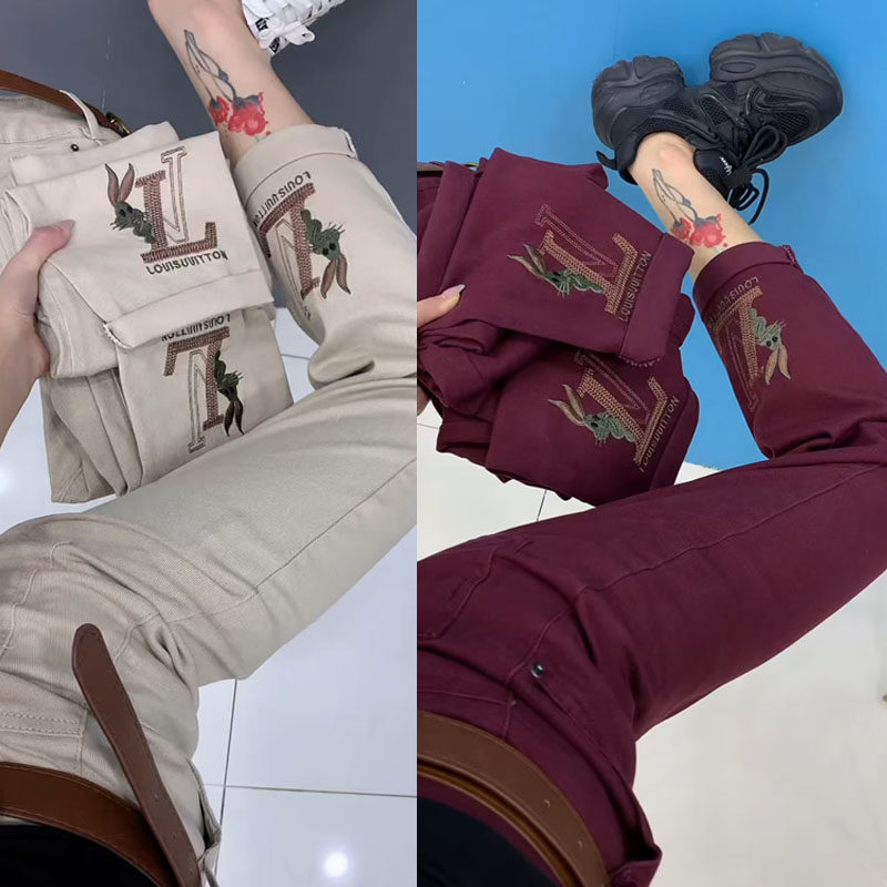 春季新款米白色窄款直筒裤女宽松显瘦九分裤纯棉牛仔裤刺绣休闲裤