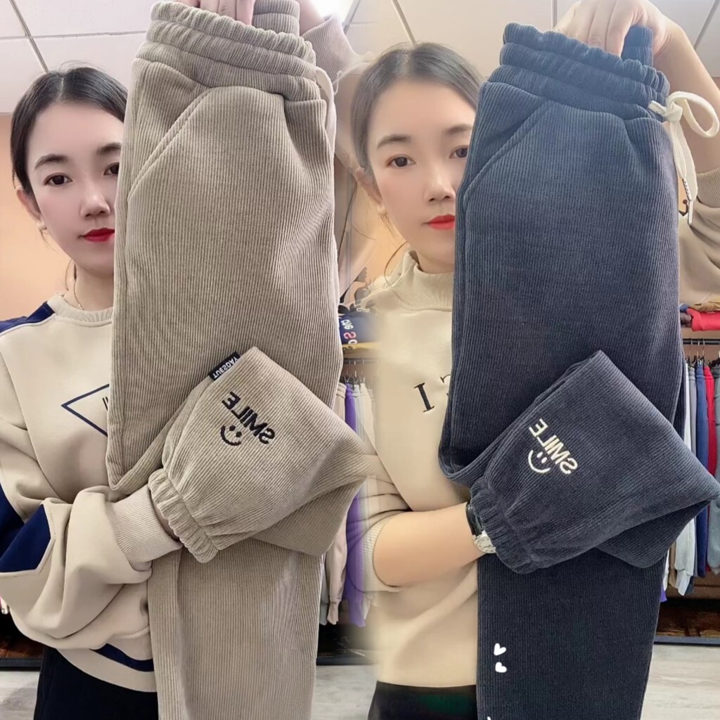 2022冬季新款韩版笑脸欧棉绒卫裤女时尚休闲宽松束脚裤女高腰显瘦