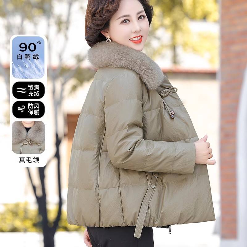 2023新款妈妈冬装真毛领羽绒服时尚短款外套中老年女气质加厚皮衣