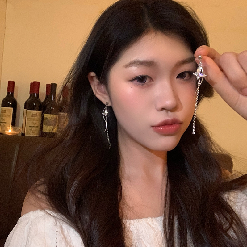 轻奢小众高级感超闪锆石蝴蝶耳钉女时尚百搭气质长款流苏耳环耳饰