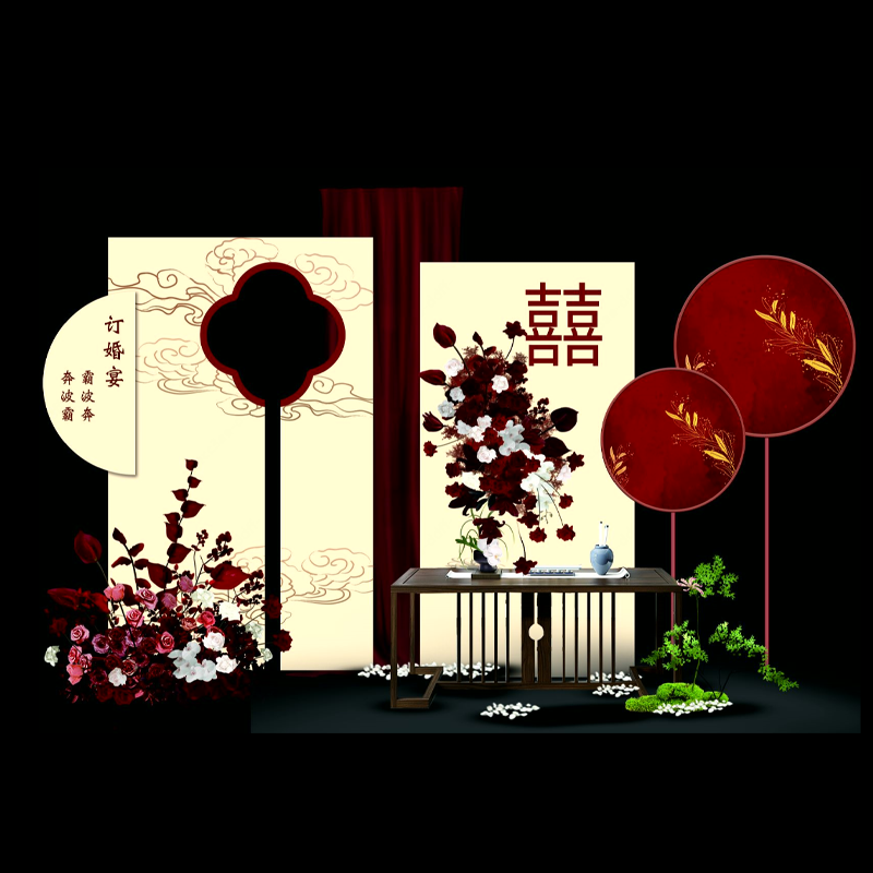 422中式祥云屏风红色婚礼订婚宴迎宾区效果图素材