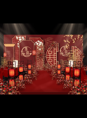 中式红色婚礼花艺舞台背景KT板PSD分层素材a190