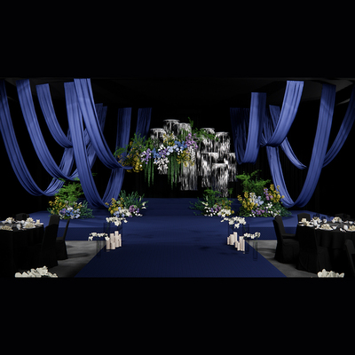 蓝色布幔银色流苏绿黄紫花艺3D婚礼SU草图大师及PS分层素材a236