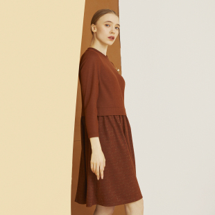 锈红色X型假两件式 时尚 羊毛女连衣裙 专柜冬装 BALUODI芭罗蒂女装