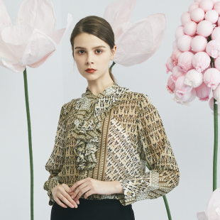 咖啡花色小立领雪纺印花女衬衫 时尚 专柜春装 BALUODI芭罗蒂女装