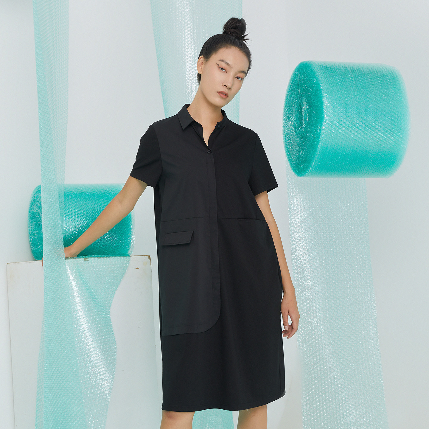 XINSILU新思路女装专柜夏装时尚不对称设计衬衫式H型中长女连衣裙