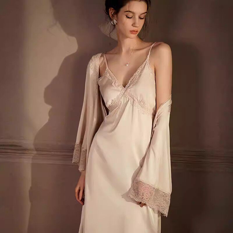 法国夫人加长款真丝睡衣蕾丝带胸垫吊带睡裙睡袍两件套家居服女夏