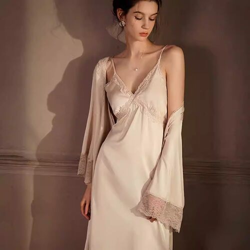 法国夫人加长款真丝睡衣蕾丝带胸垫吊带睡裙睡袍两件套家居服女夏