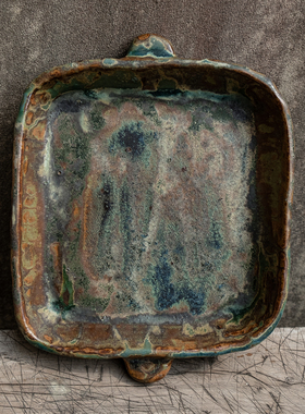 国内手作｜海岩青苔色肌理手工餐盘侘寂餐盘果盘方盘孤品 栖朔