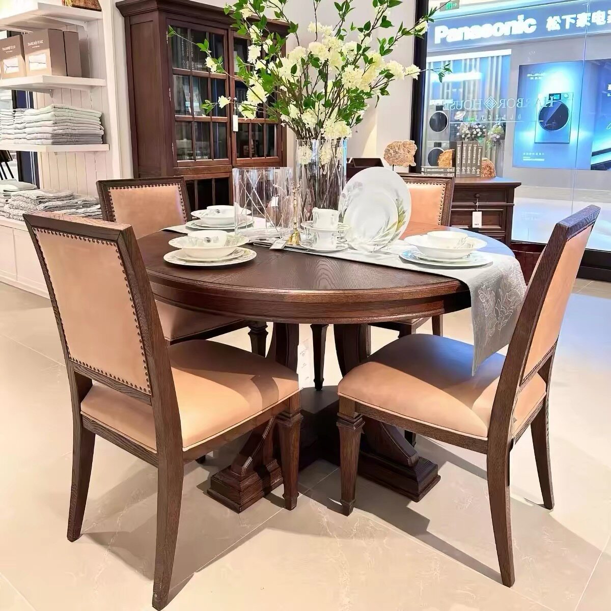 HH家具harbor美式实木圆餐桌椅组合家用饭桌桌子家用小户型乡村桌
