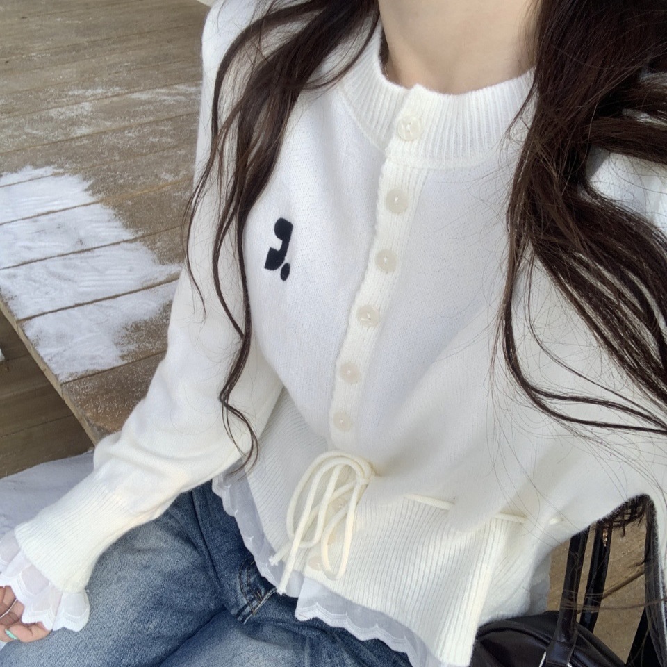 【RR】假两件拼接针织毛衣收腰复古经典刺绣logo设计抽绳开衫上衣