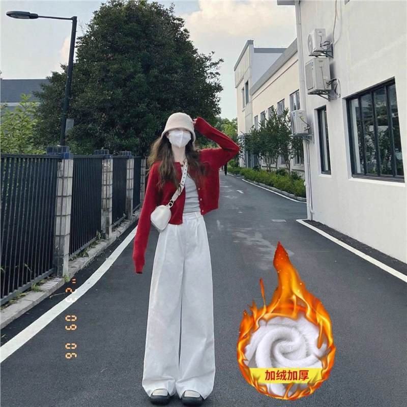 美式复古加绒加厚白色牛仔裤女冬季直筒阔腿高腰宽松显瘦拖地长裤