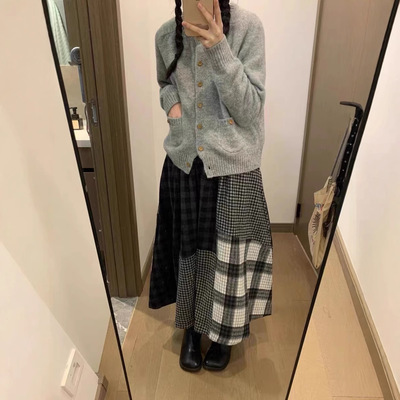 日系复古毛呢半身裙冬季不规则A版重工格子拼接半裙高腰显瘦长裙