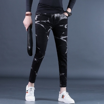 秋冬季新款欧洲站潮时尚百搭休闲花裤子男士修身黑色涂鸦牛仔裤男