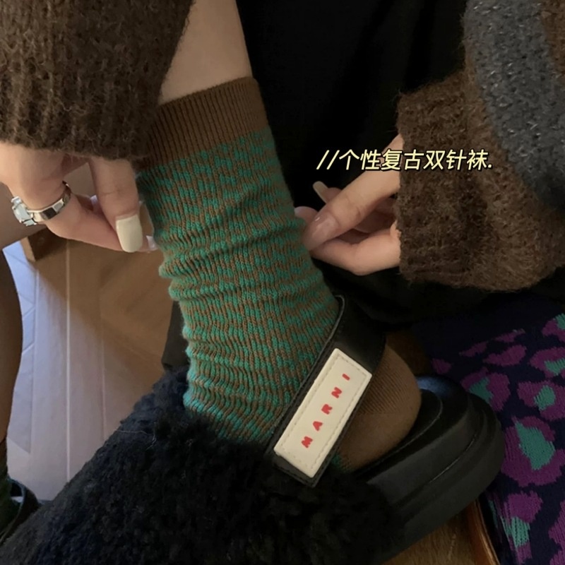 复古文千鸟格袜子女几何条纹中筒袜美拉德双针双路小众设计堆堆袜
