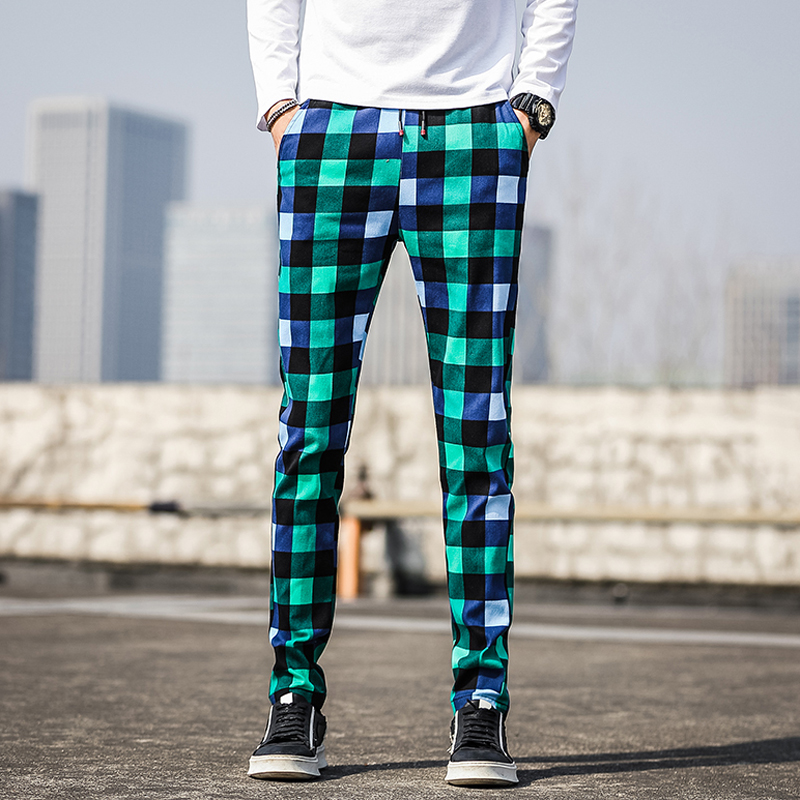 New trend Green Plaid men's casual pants men's slim Leggings men's pants