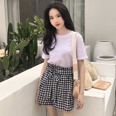 Single T-shirt yuan can be matched with T-shirt round neck short sleeve shorts two piece Plaid Wide Leg Pants Set