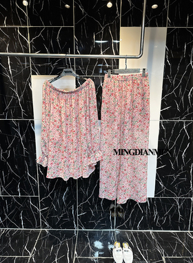 2026年春季新款时尚小清新碎花两穿一字肩小衫阔腿裤宽松两件套女