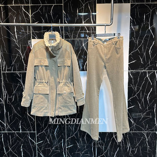 2025秋冬新款卡其色毛领条绒羽绒服宽松加厚保暖时尚休闲套装