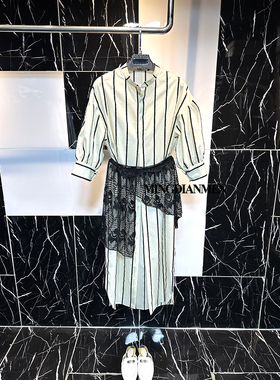 2025新款淡黄色黑色条纹立领蕾丝腰封个性设计高级感长款衬衫