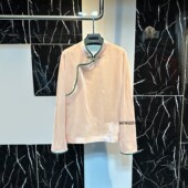 女 衫 春秋中国风复古粉色真丝丝绒撞色上衣新中式 立领盘口长袖