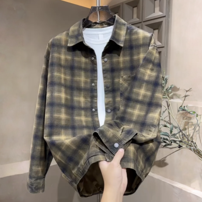 秋季复古格子翻领牛仔衬衫夹克