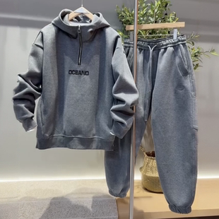 秋冬季潮牌字母刺绣加绒休闲运动套装男士百搭连帽卫衣卫裤两件套