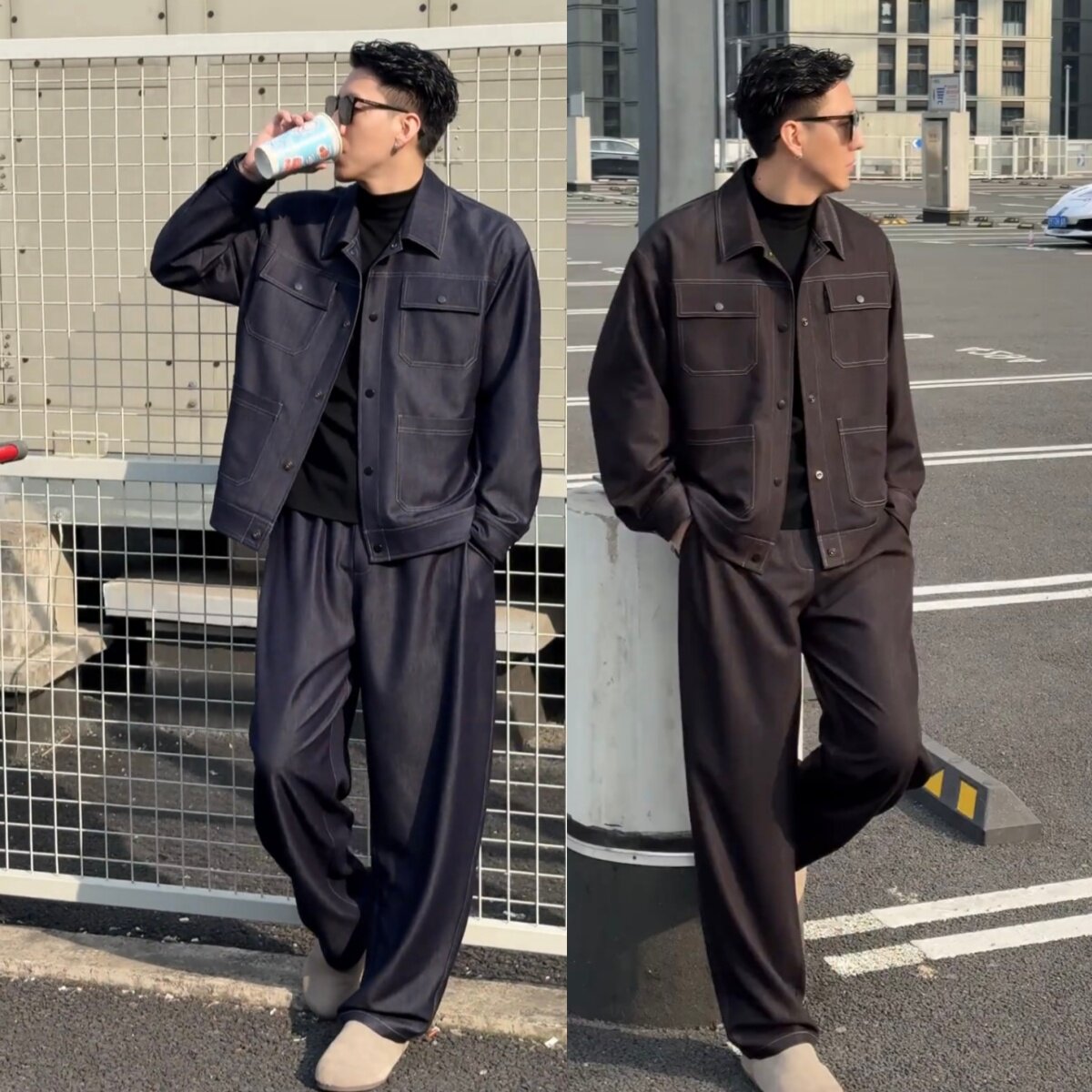 春季新款立体裁剪牛仔休闲套装男士百搭翻领夹克外套直筒裤两件套