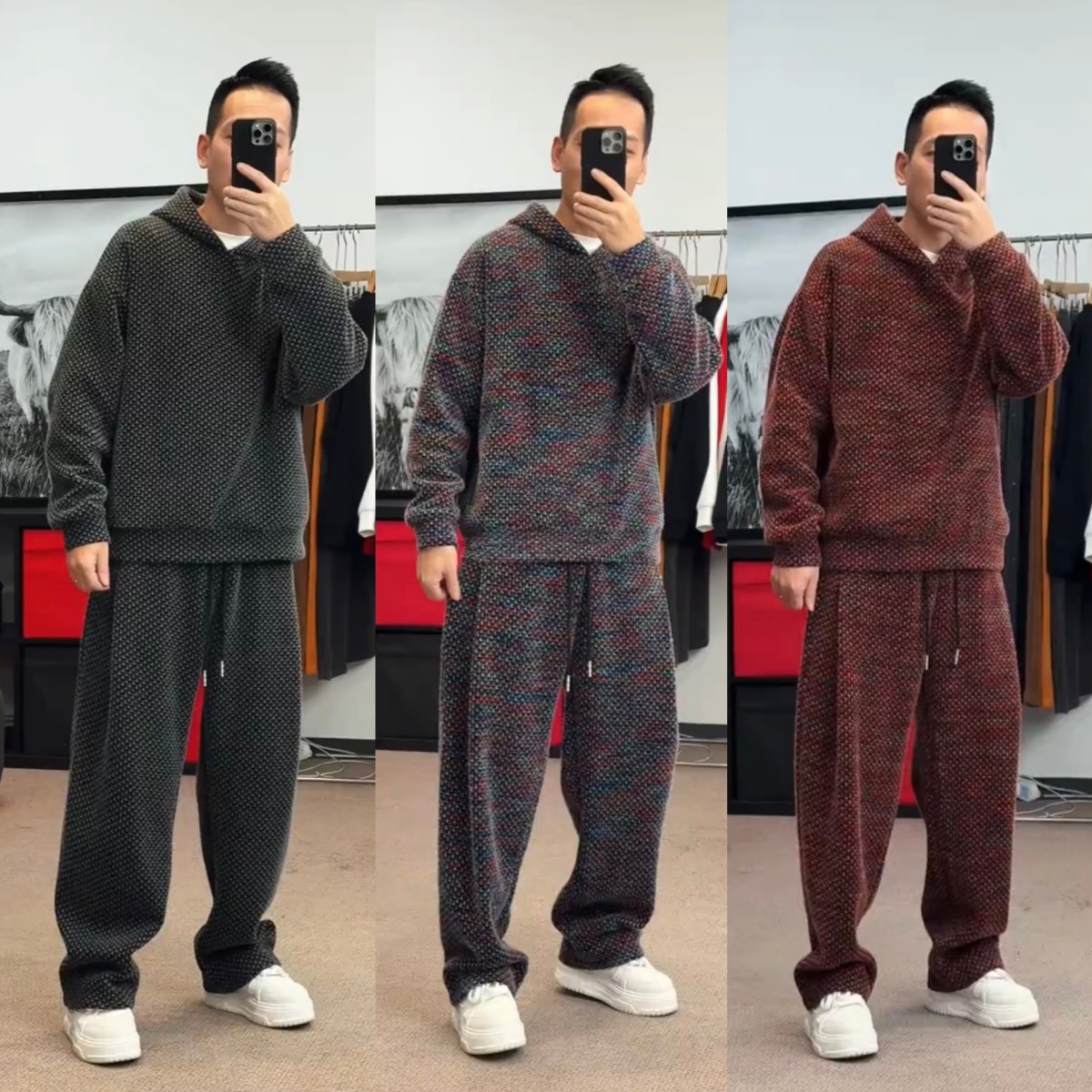 冬季雪尼绒千鸟格连帽休闲套装